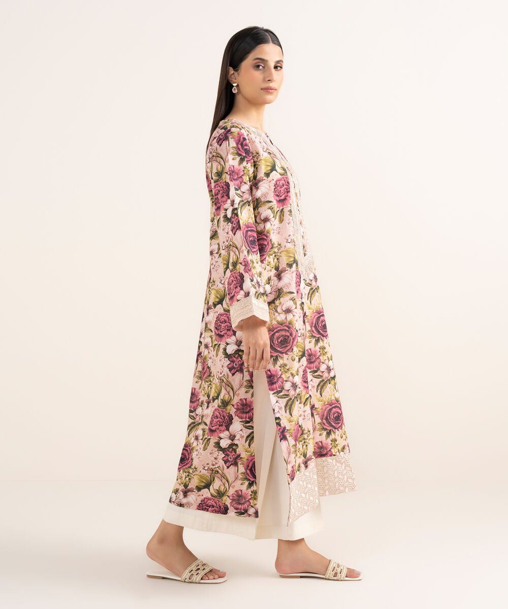 Women's RTW Textured Lawn Pink Embroidered Straight Shirt