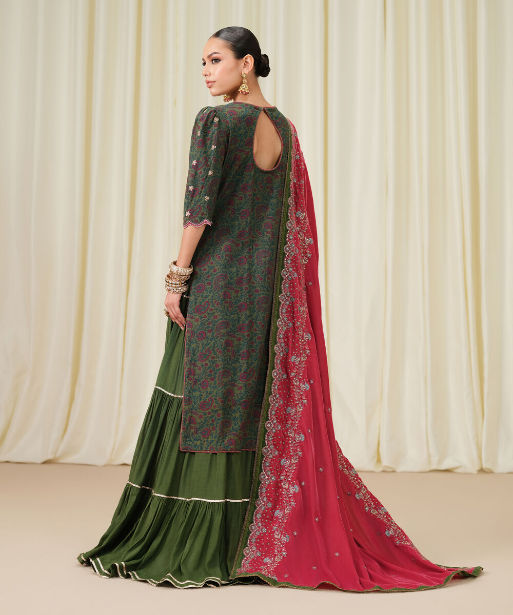Women's Unstitched Embroidered Viscose Raw Silk Green 3 Piece Suit