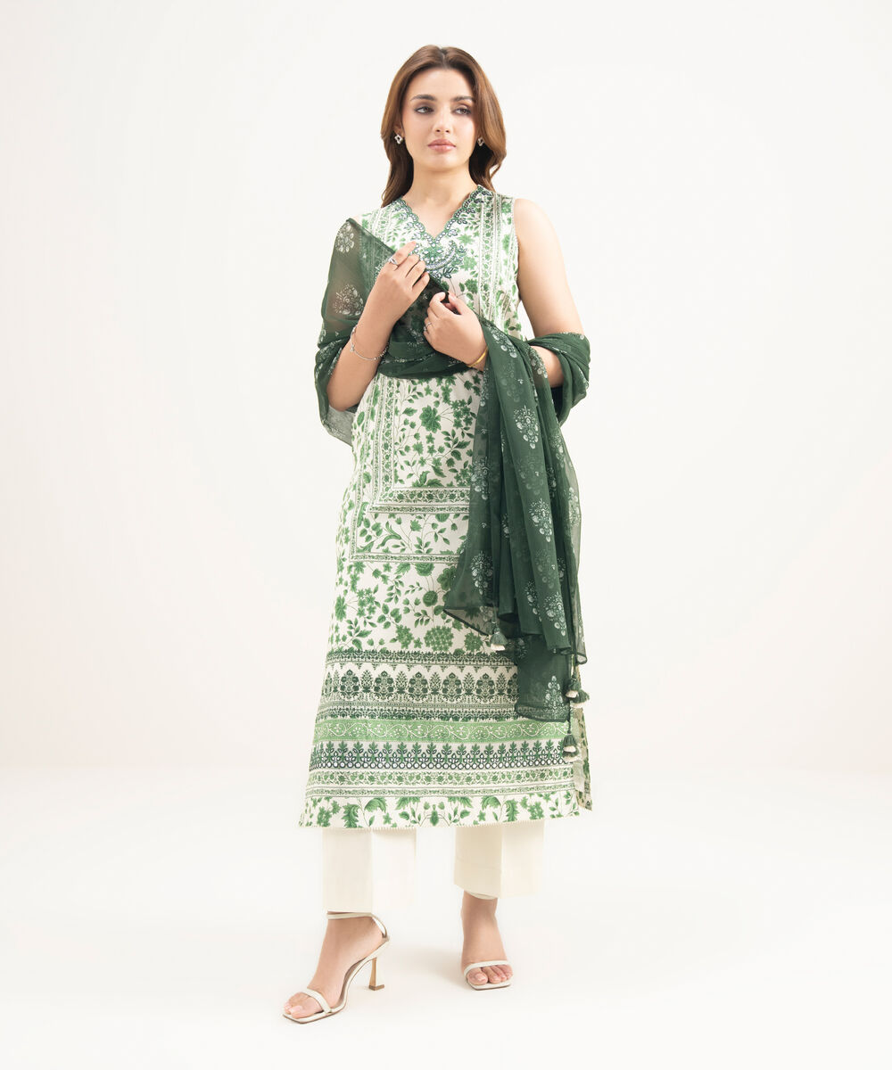 Women's Unstitched Lawn Embroidered Green 3 Piece Suit