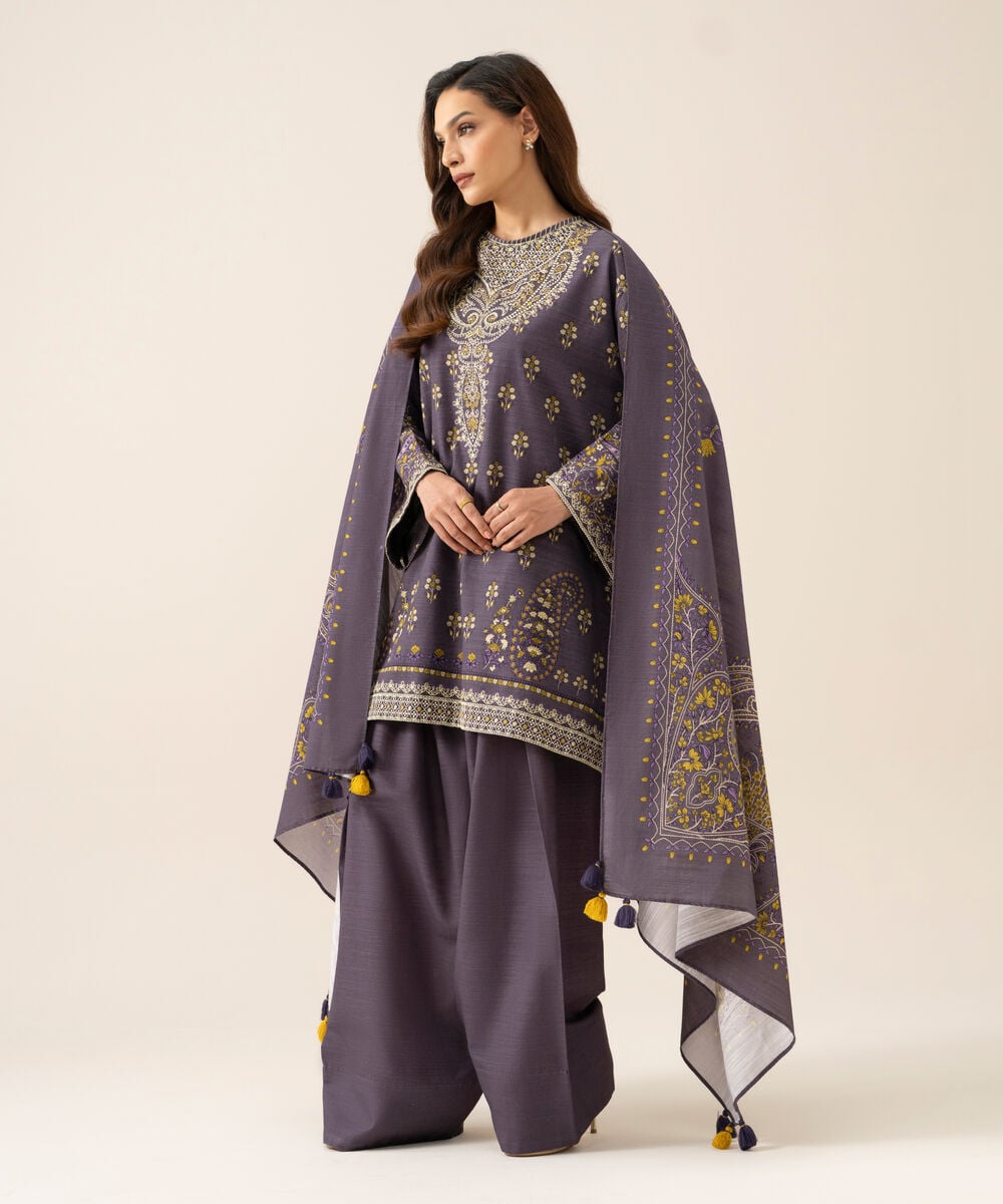 Women's Unstitched Light Khaddar Printed Mauve 3 Piece Suit