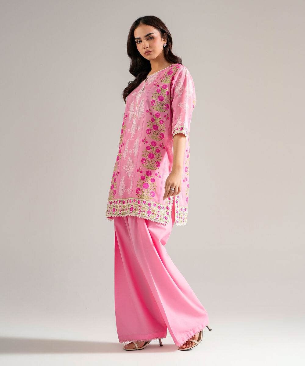 Women's RTW Slub Lawn Printed Pink Straight Shirt