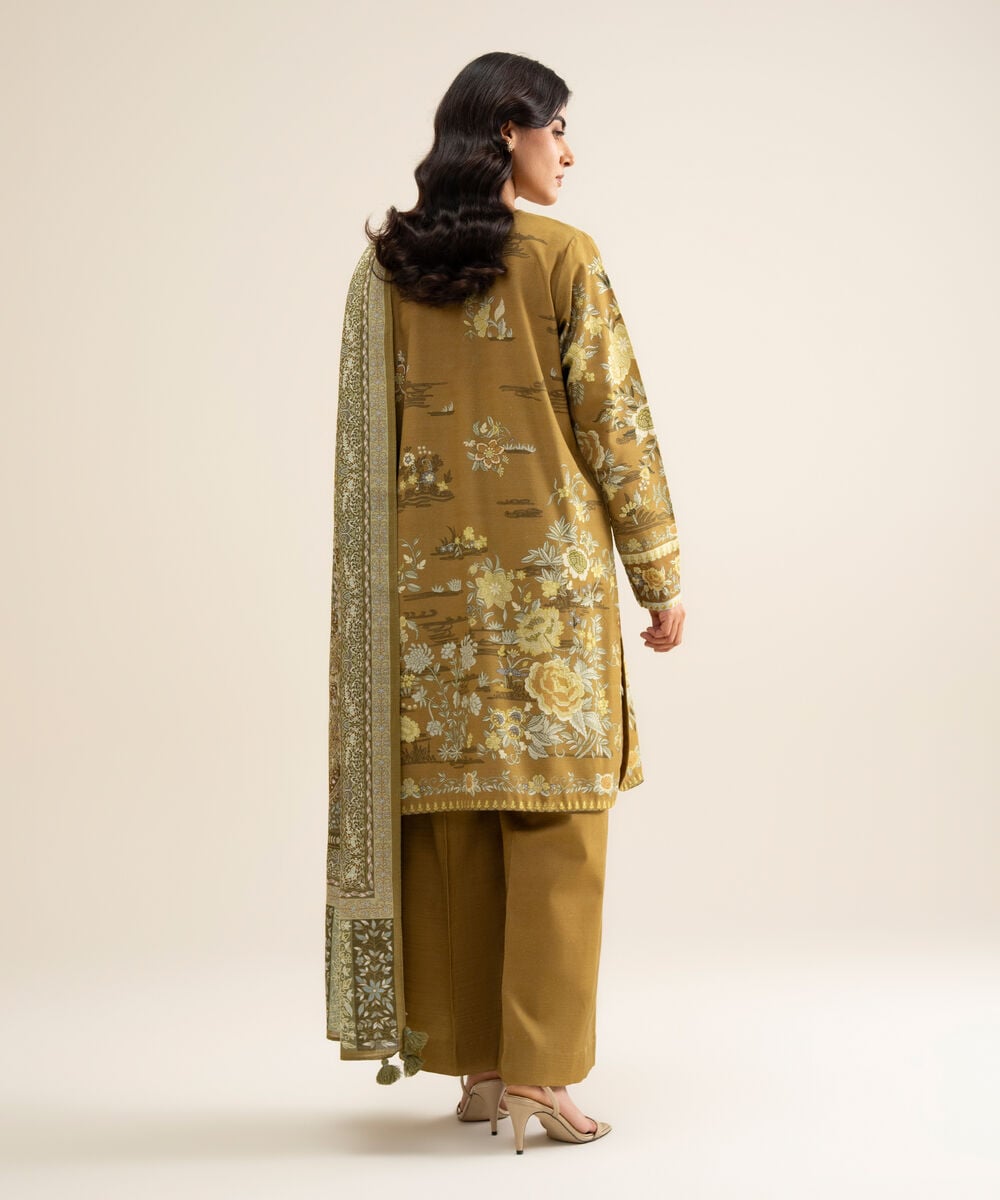 Women's Unstitched Premium Khaddar Printed Olive Green 3 Piece Suit