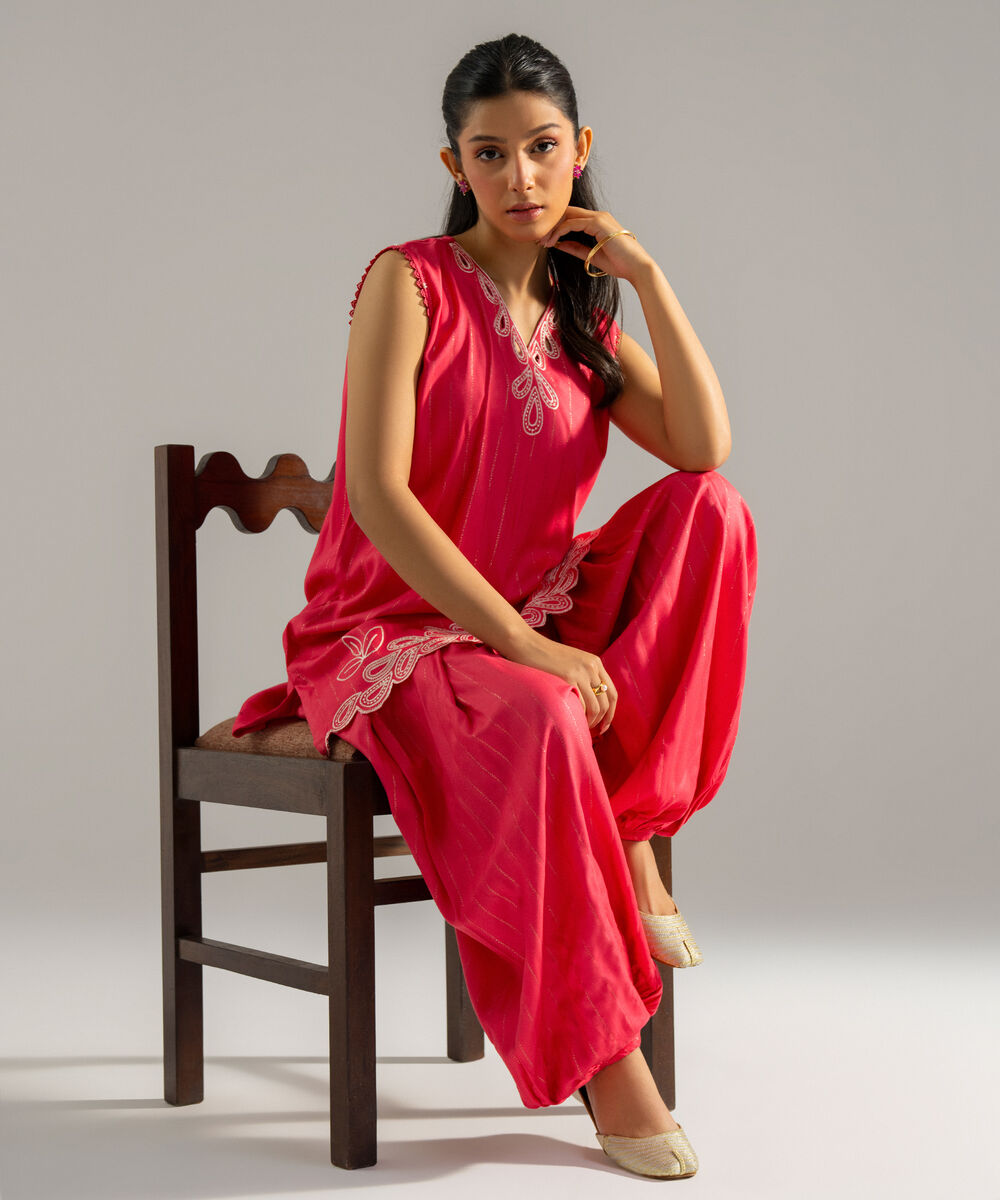 Women's RTW Dobby Crepe Lurix Solid Embroidered Pink Straight Shirt