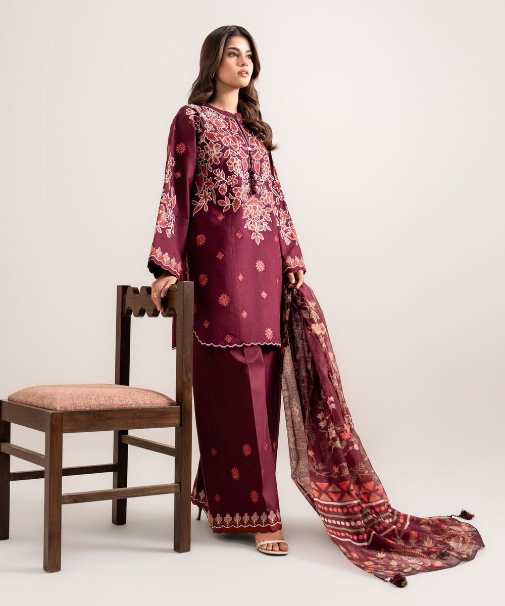 Women's Unstitched Embroidered Dobby Plum 3 Piece Suit
