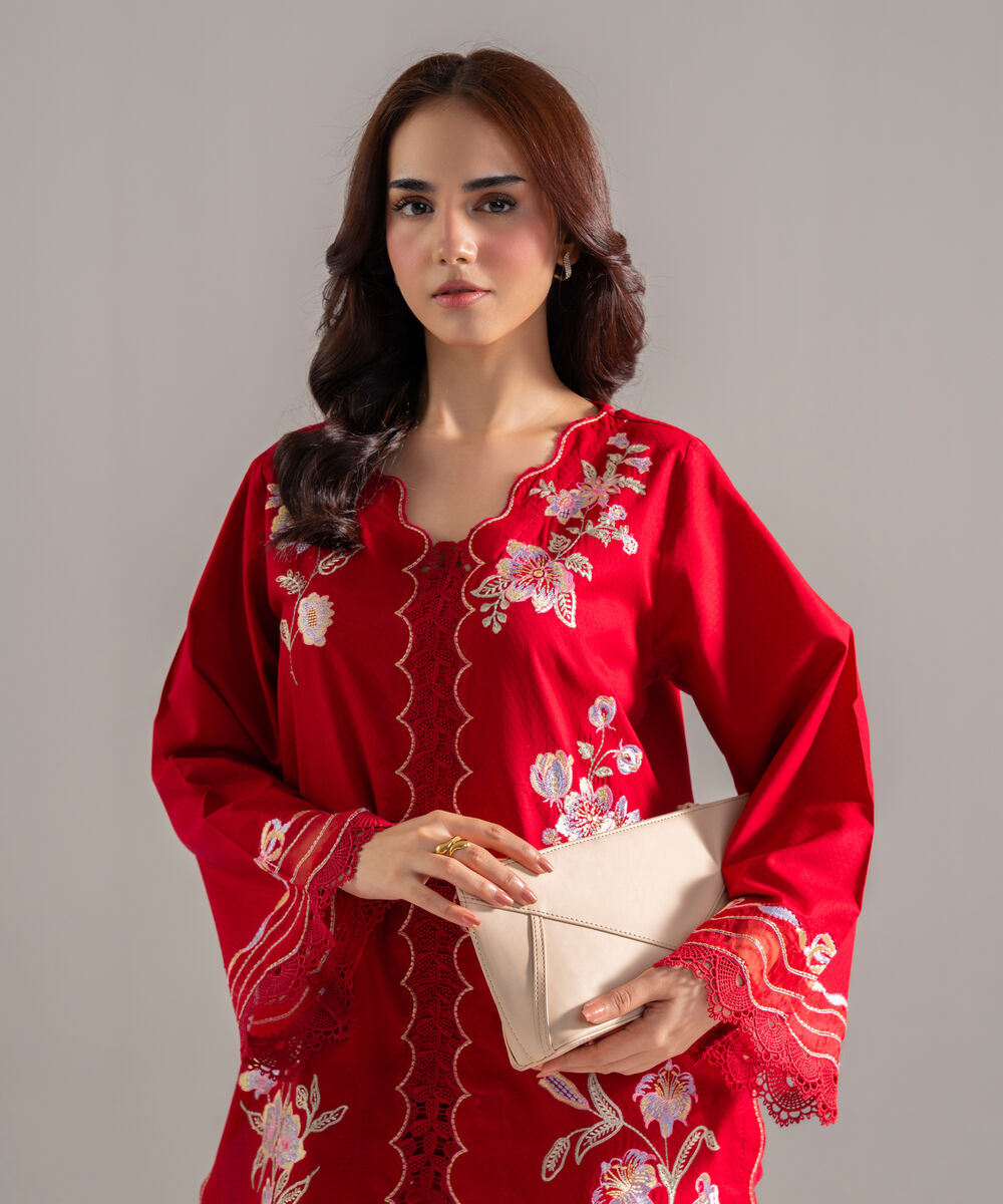 Women's RTW Dobby Solid Embroidered Red Straight Shirt