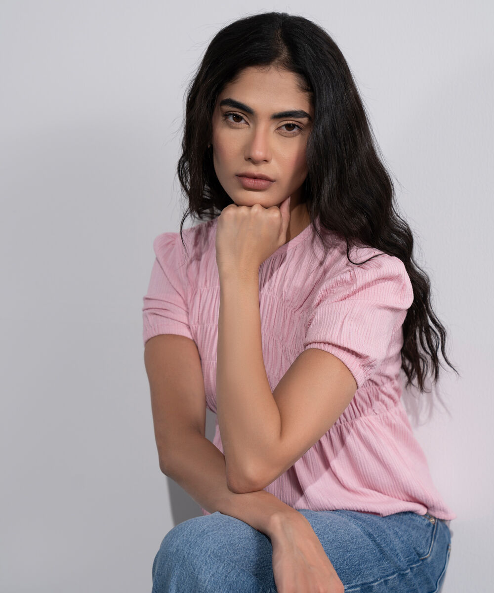 Women's Pink  Smocked Seersucker Blouse