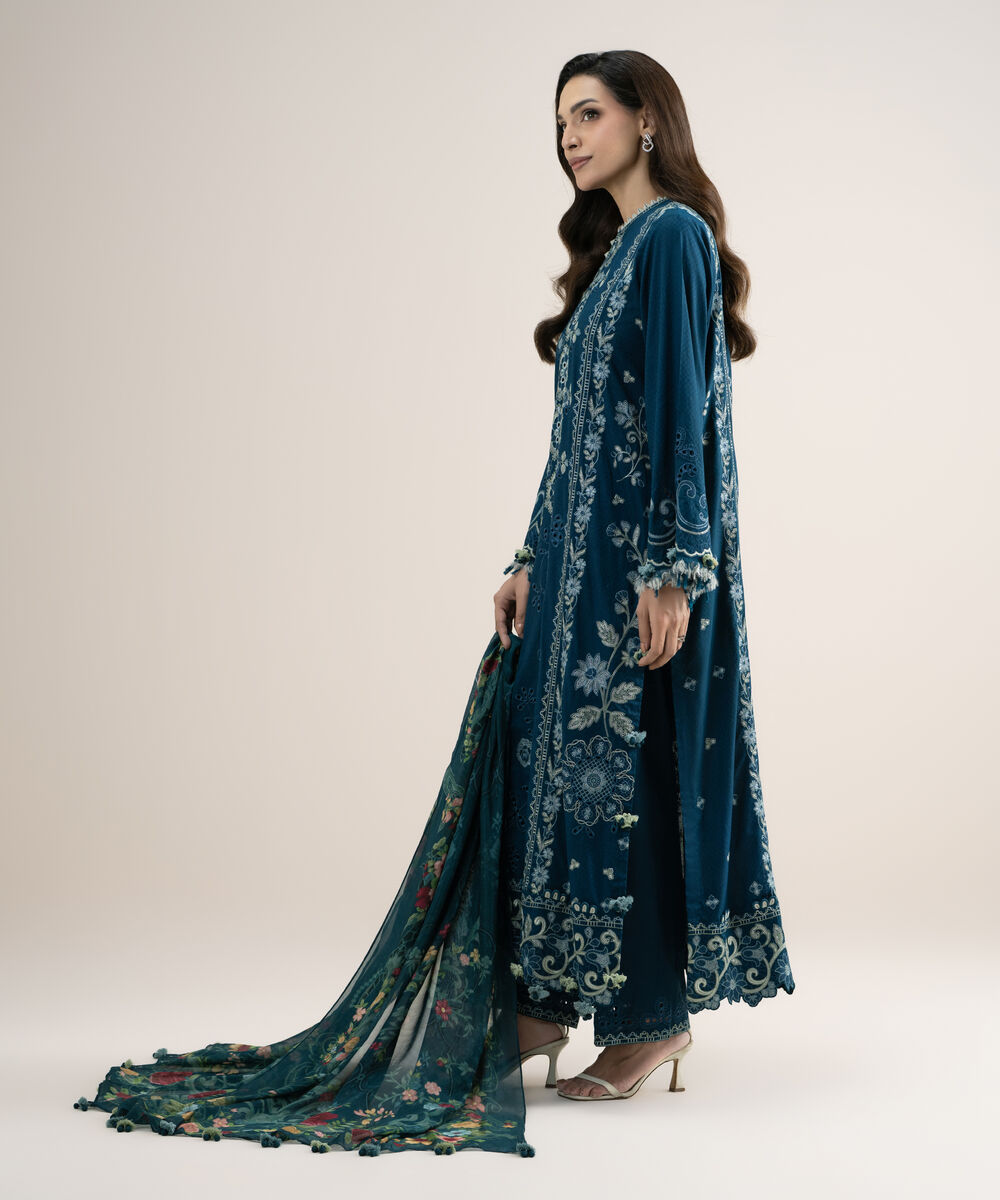 Women's Unstitched Embroidered Dobby Teal Green 3 Piece Suit