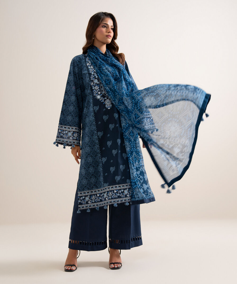 Women's Unstitched Lawn Embroidered Blue 3 Piece Suit