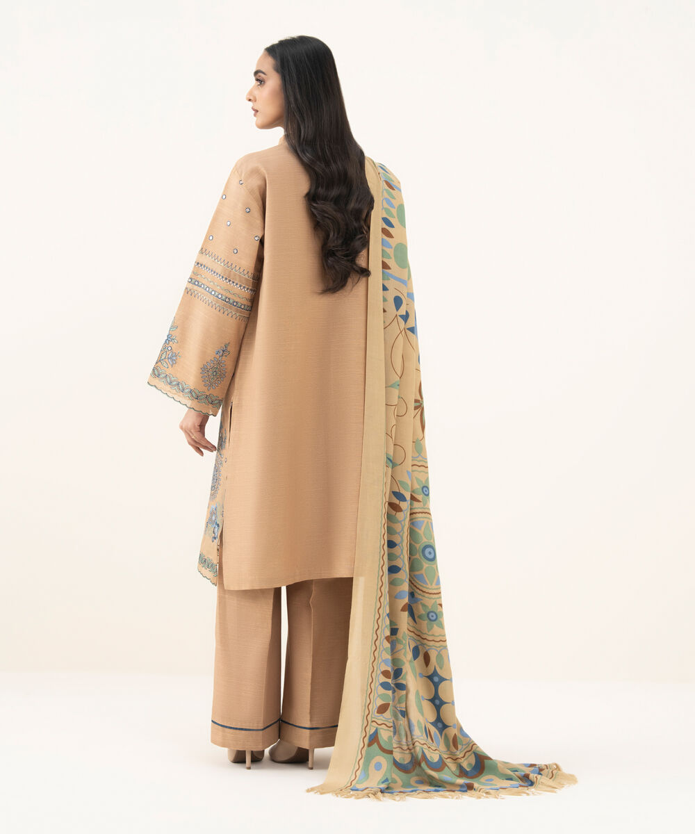 Women's Unstitched Embroidered Khaddar Beige 3 Piece Suit