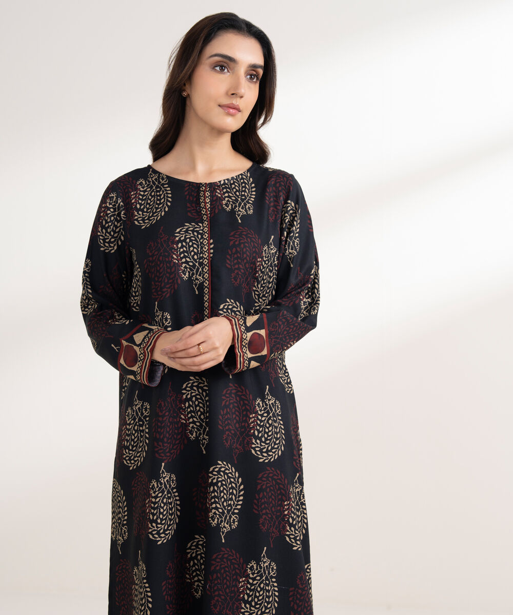 Women's RTW Viscose Linen Printed Straight Black Shirt