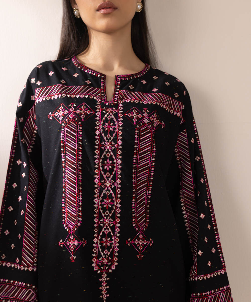 Women's Pret Multineps Black Embroidered A-Line Shirt