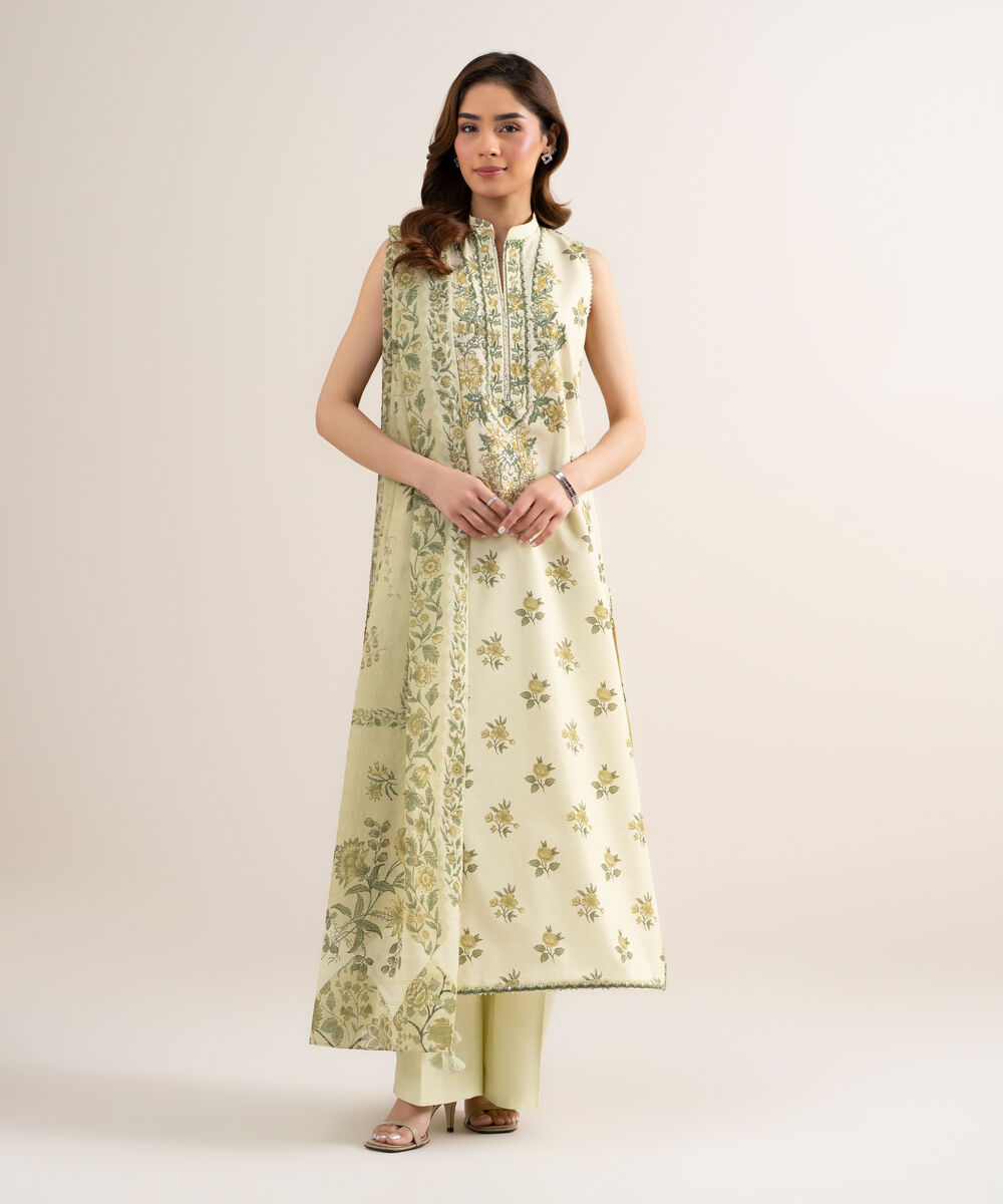 Women's Unstitched Zari Lawn Embroidered Off White 3 Piece Suit