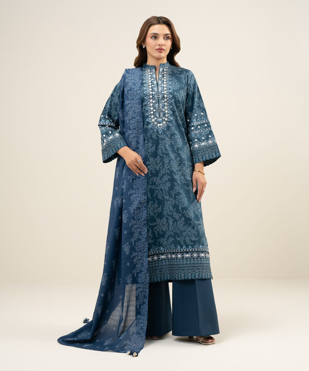 Women's Unstitched Lawn Embroidered Blue 3 Piece Suit