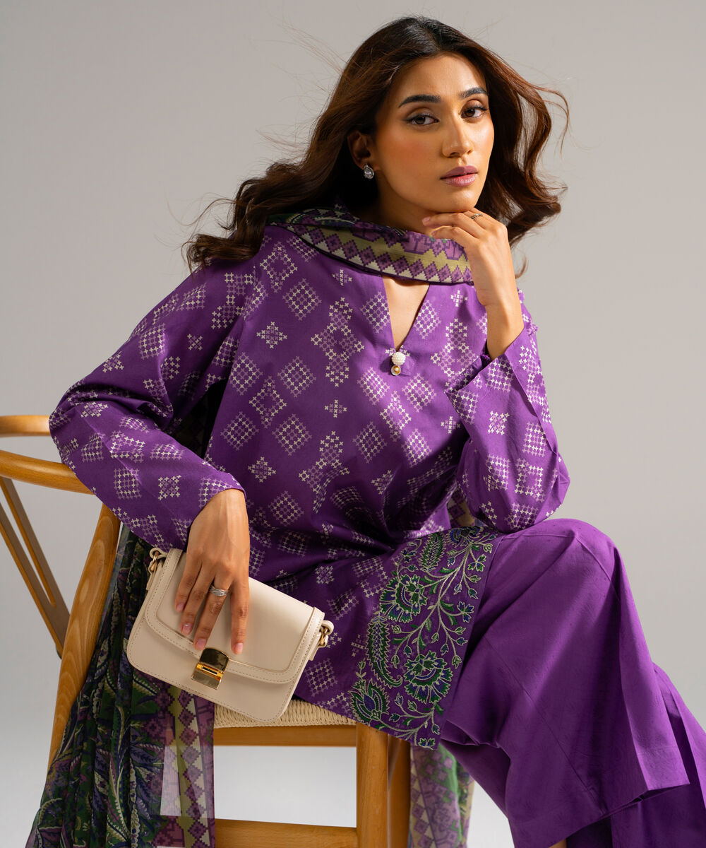Women's RTW Self Jacquard Embroidered Purple 3 Piece Suit