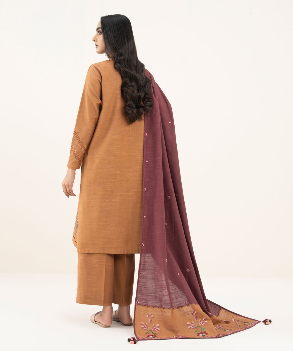 Women's Unstitched Embroidered Khaddar Orange 3 Piece Suit