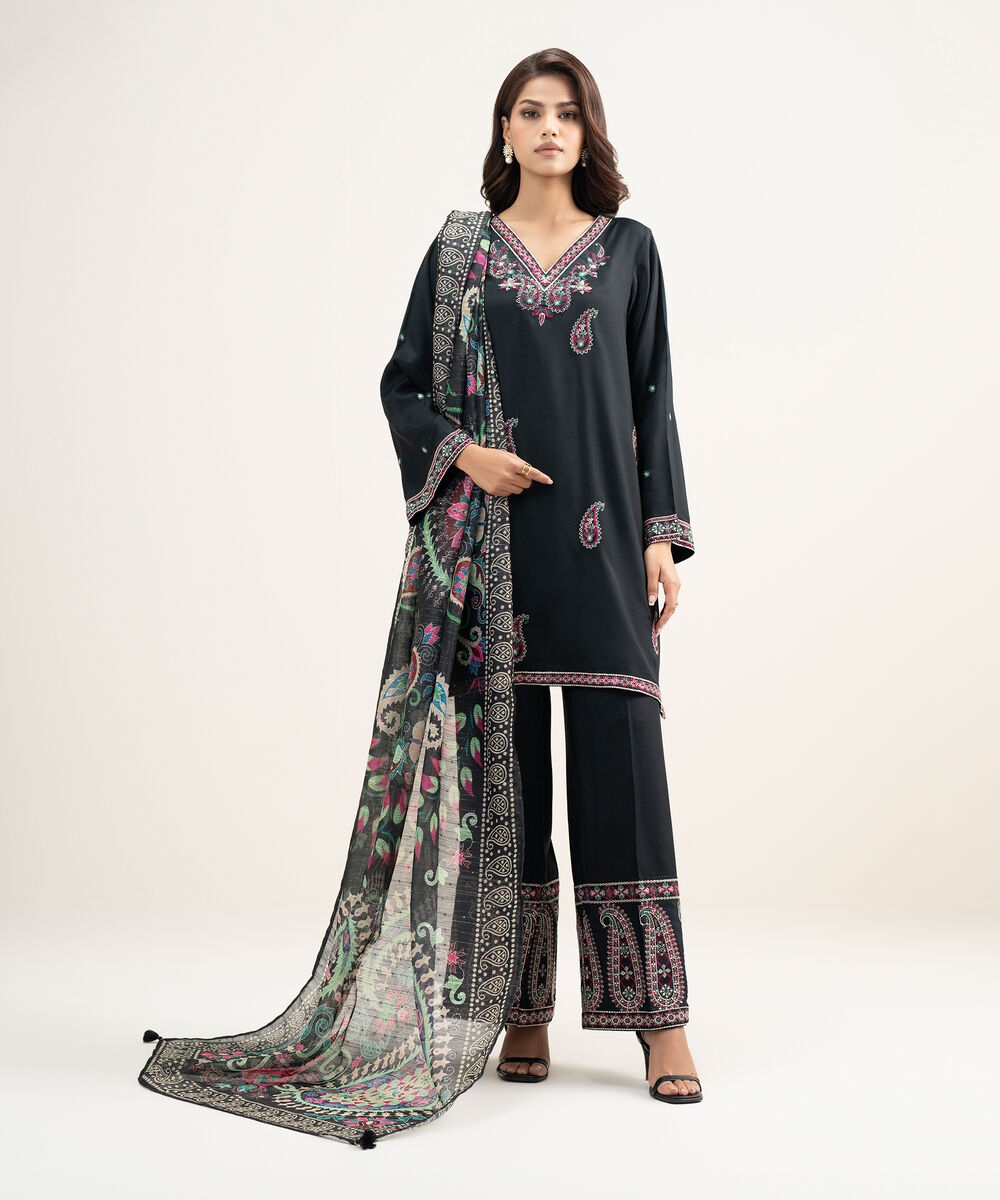 Women's RTW Viscose Raw Silk Embroidered Black 3 Piece Suit
