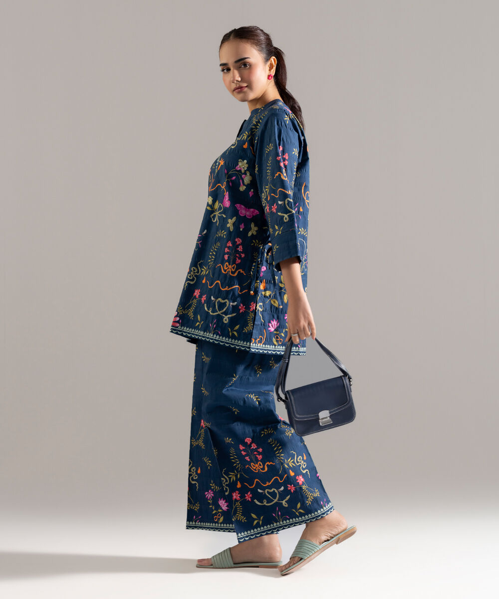 Women's RTW Seersucker Printed Blue Straight Shirt