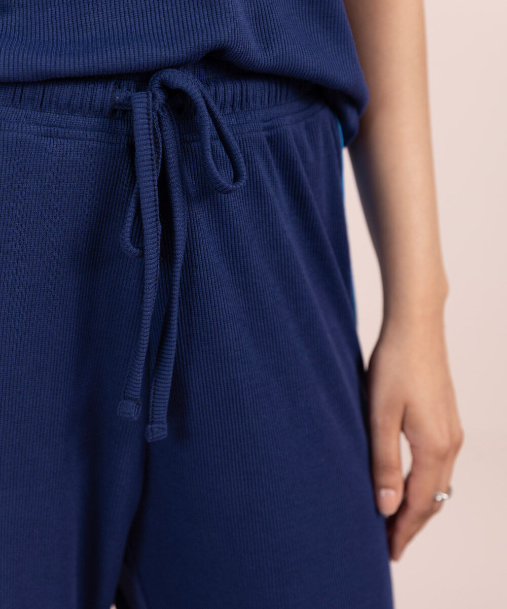 Womens Blue Sleepwear Pull On Soft Rib Trouser With Side Panels