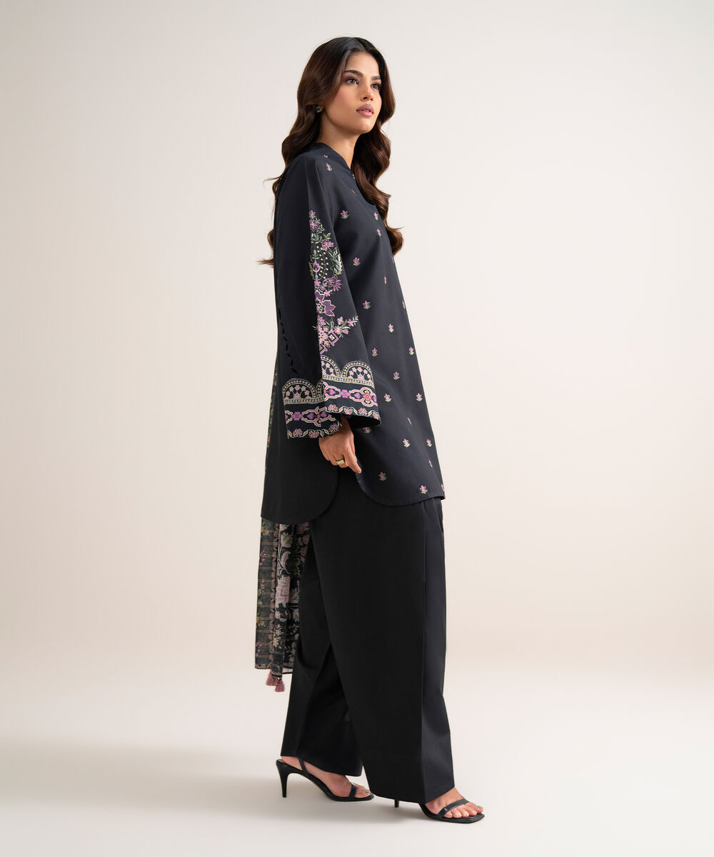 Women's Unstitched Embroidered Cotton Black 3 Piece Suit