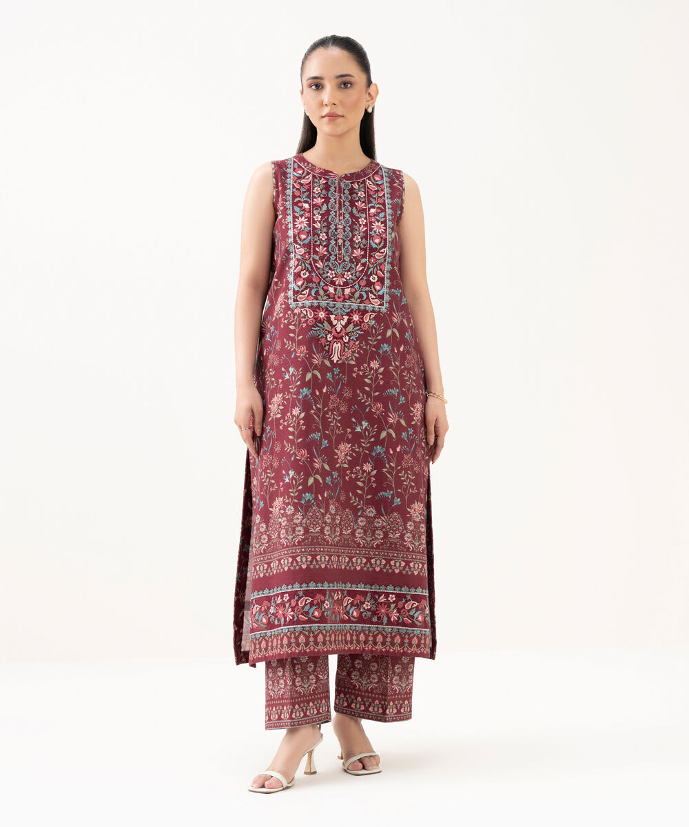 Women's Unstitched Cotton Embroidered Red 2 Piece Suit