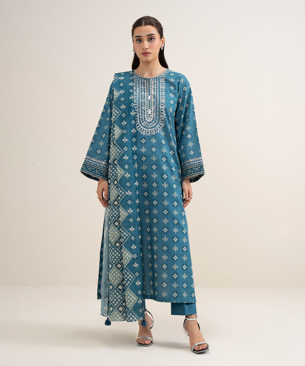 Women's Unstitched Lawn Embroidered Teal Dark 3 Piece Suit