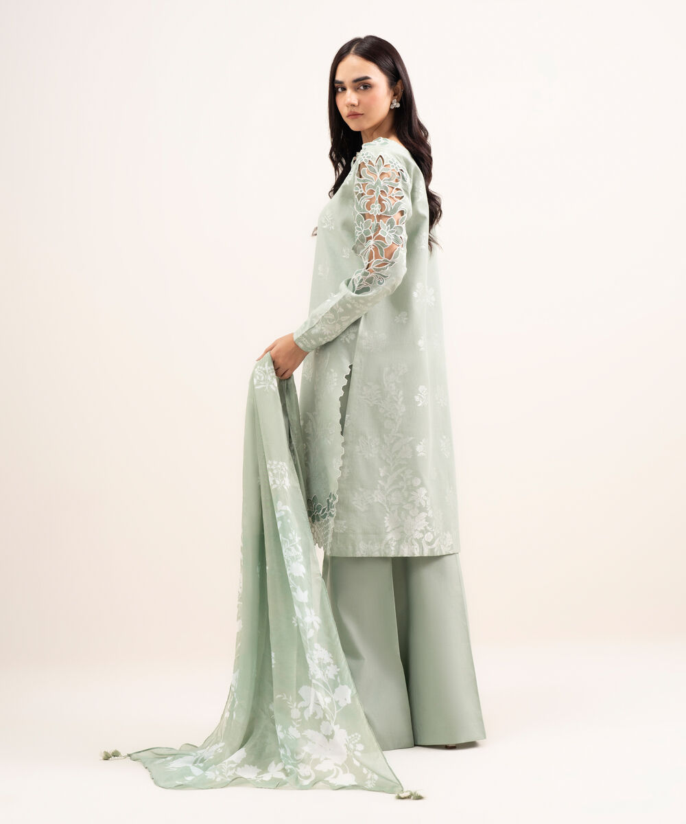 Women's Unstitched Extra Weft Jacquard Embroidered Green 3 Piece Suit