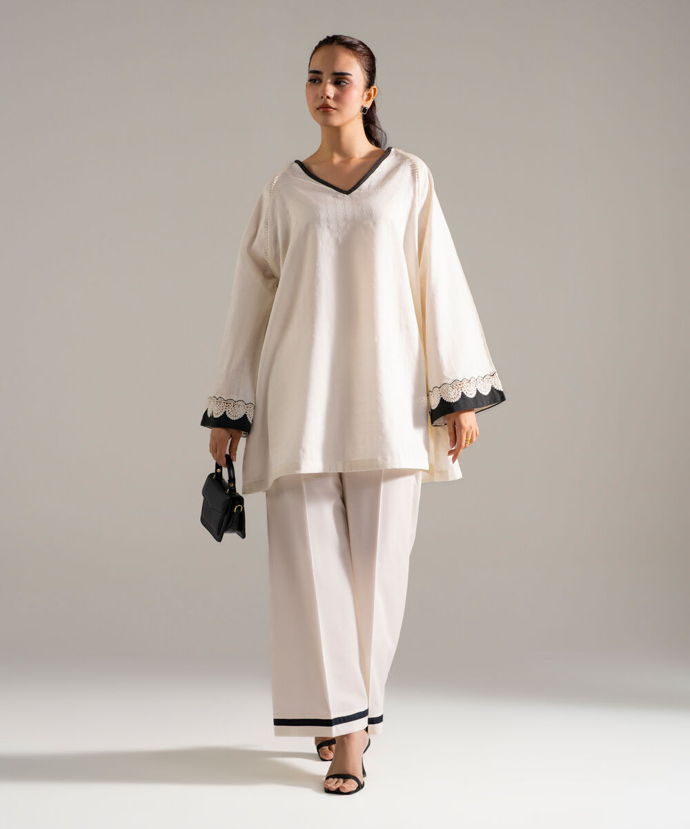 Women's RTW Dobby Printed Off White Straight Shirt