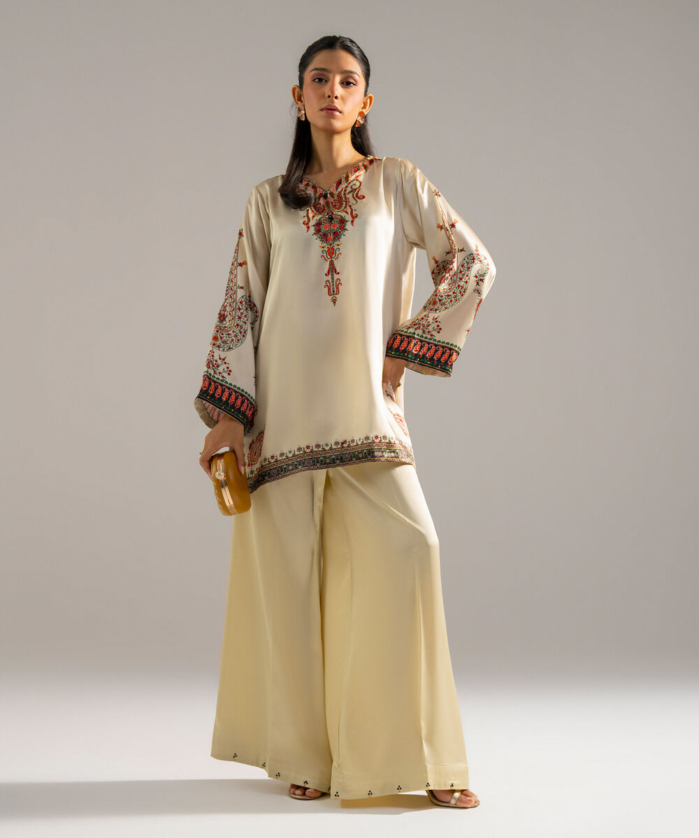 Women's RTW Blended Satin Printed Off White 2 Piece Suit