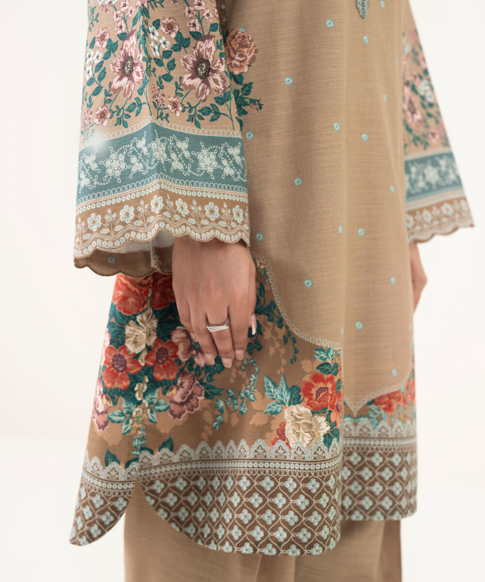 Women's Unstitched Light Khaddar Embroidered Beige 3 Piece Suit