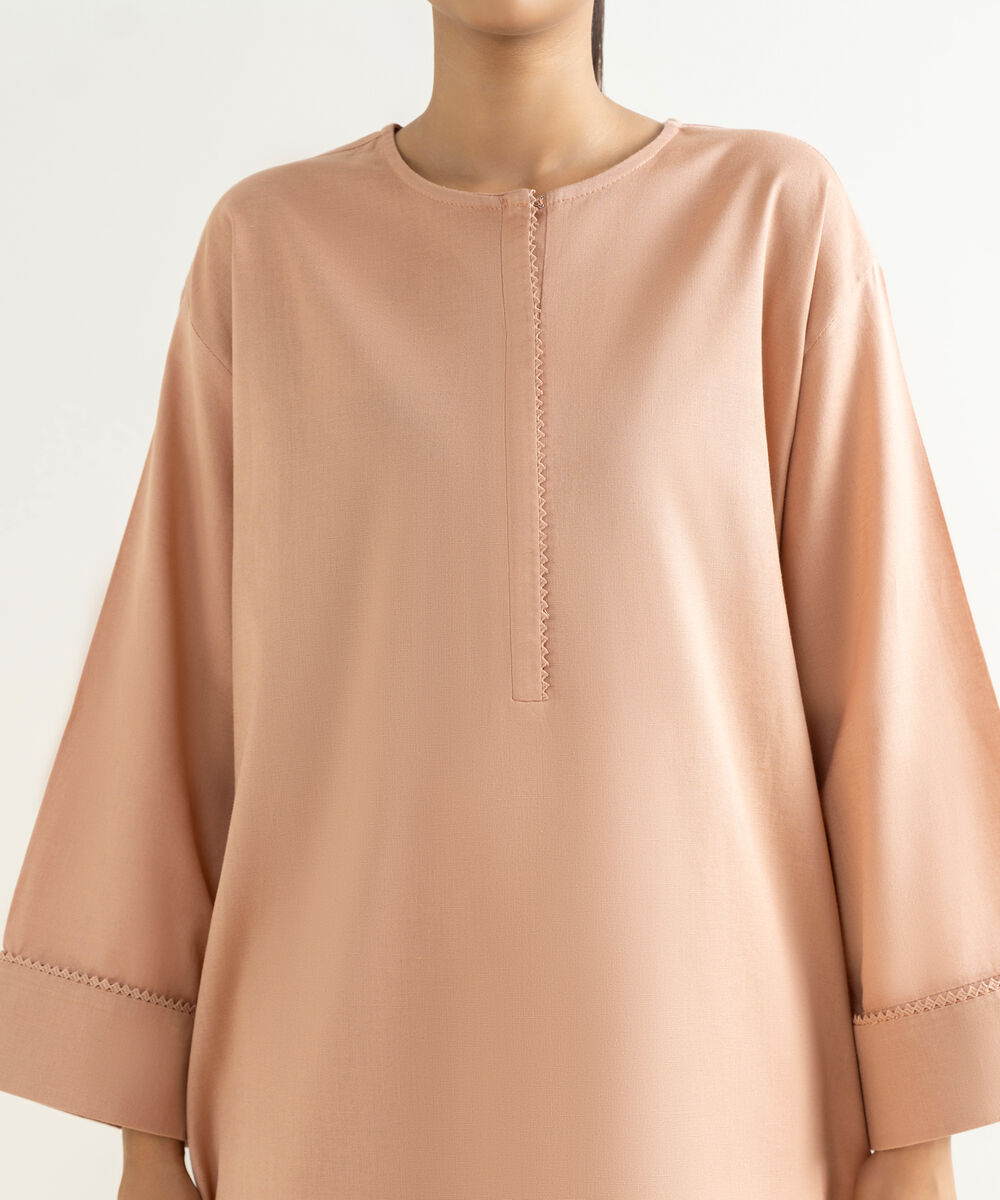Women's RTW Cotton Linen Pink Solid Drop Shoulder Shirt
