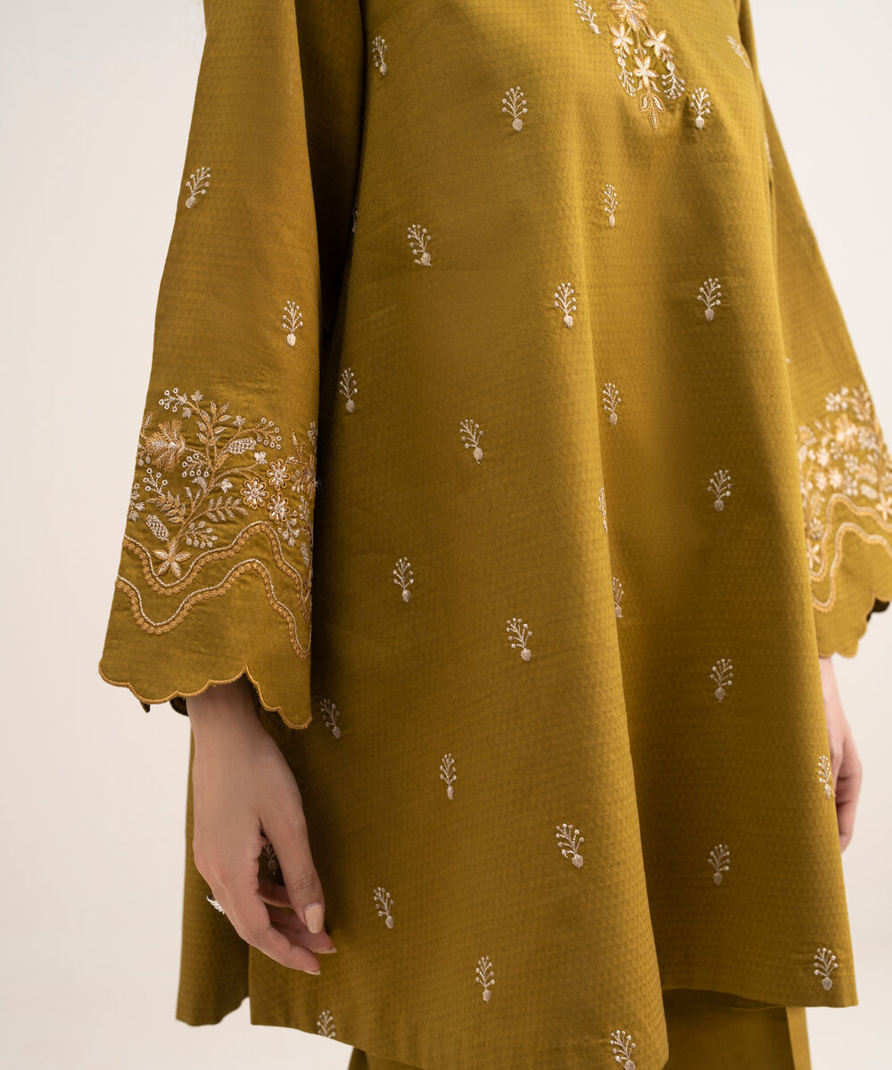 Women's Unstitched Dobby Embroidered Brown 3 Piece Suit