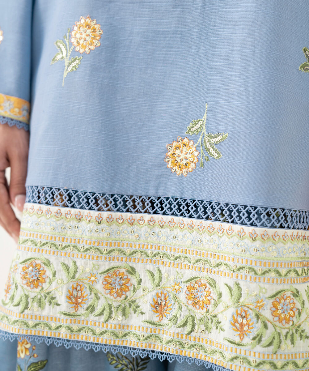 Women's RTW Light Khaddar Blue Embroidered Boxy Shirt