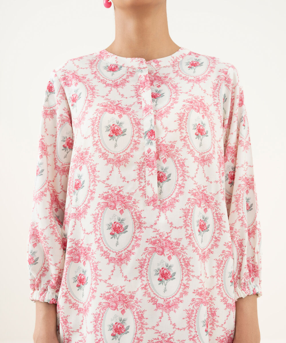 Women's RTW Linen Viscose Printed White Straight Shirt