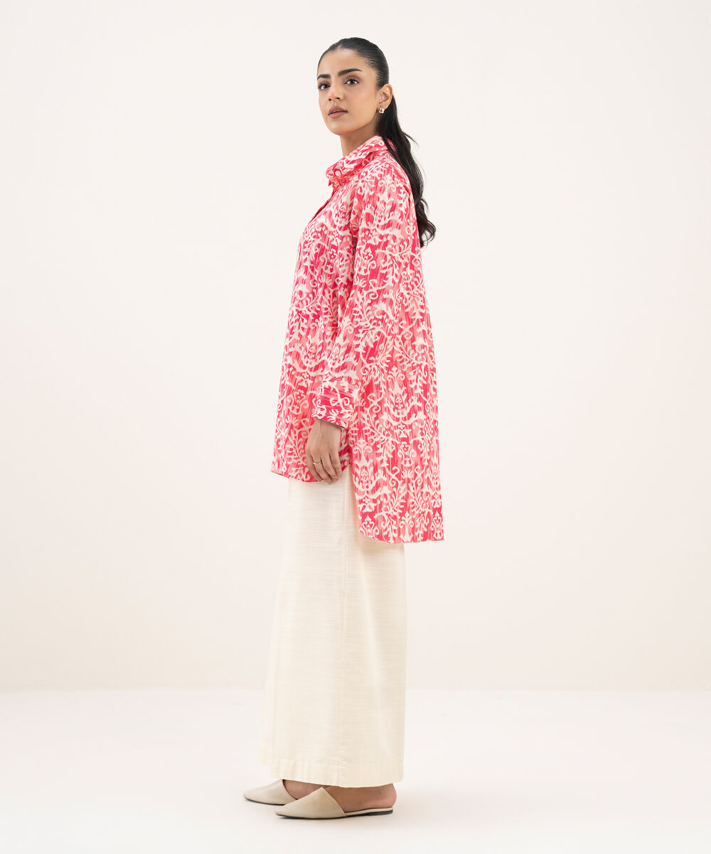 Women's RTW Light Khaddar Printed Button Down Pink Shirt