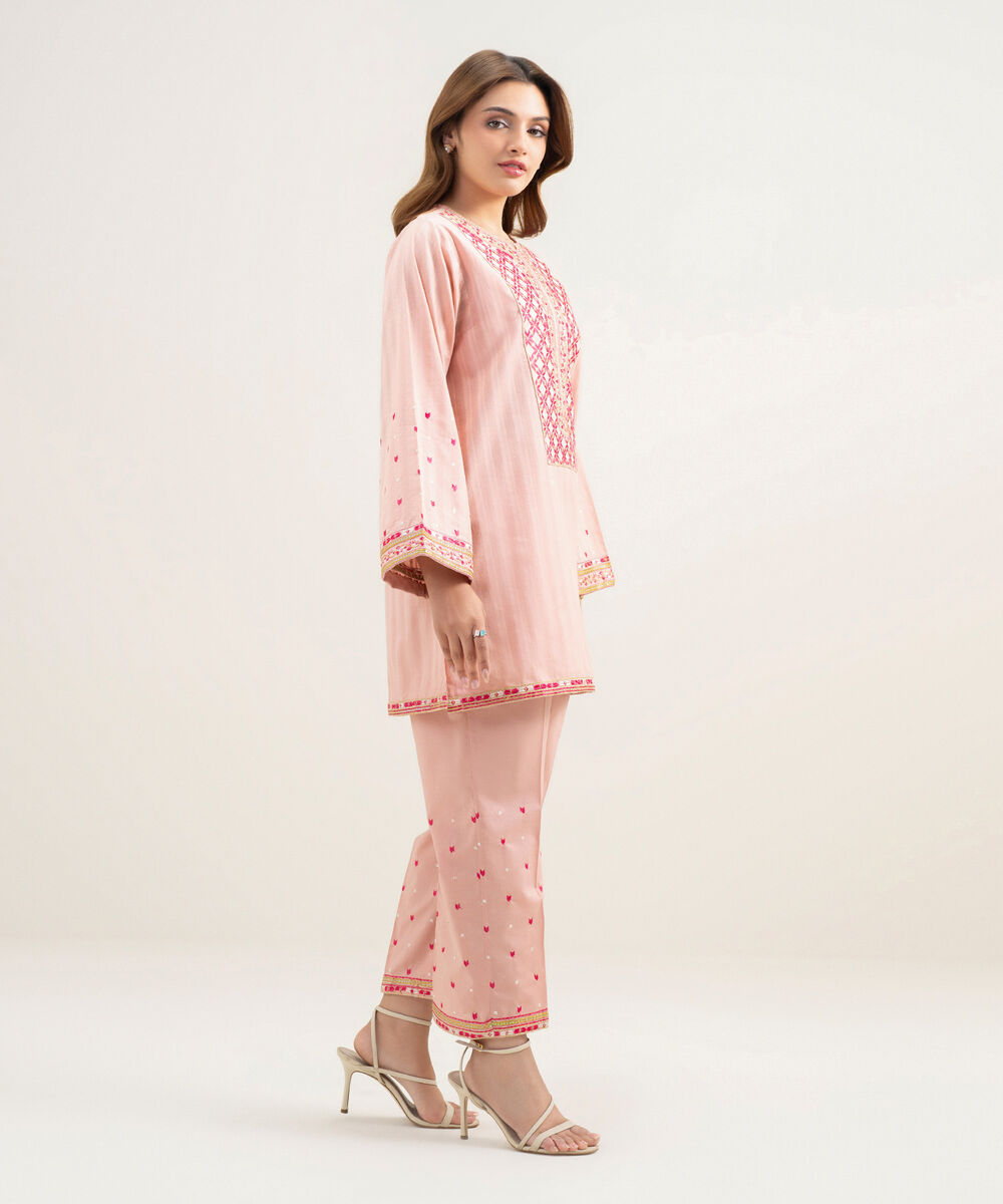 Women's RTW Dobby Embroidered Pink 2 Piece Suit