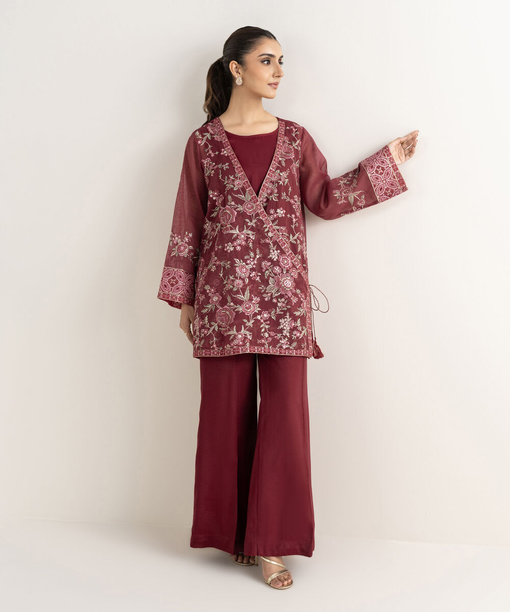 Women's RTW Blended Textured Karandi Embroidered Red 2 Piece Suit