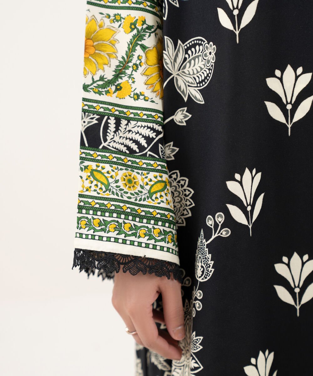 Women's RTW Viscose Linen Printed Drop Shoulder Black Shirt