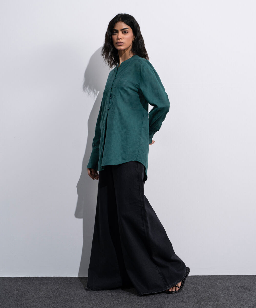 Women's Green Textured Shirt With Yoke Detail