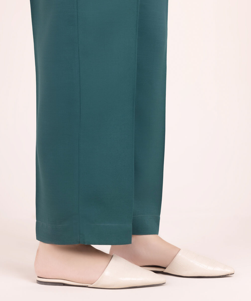 Women's RTW Textured Viscose Solid Green Straight Pants