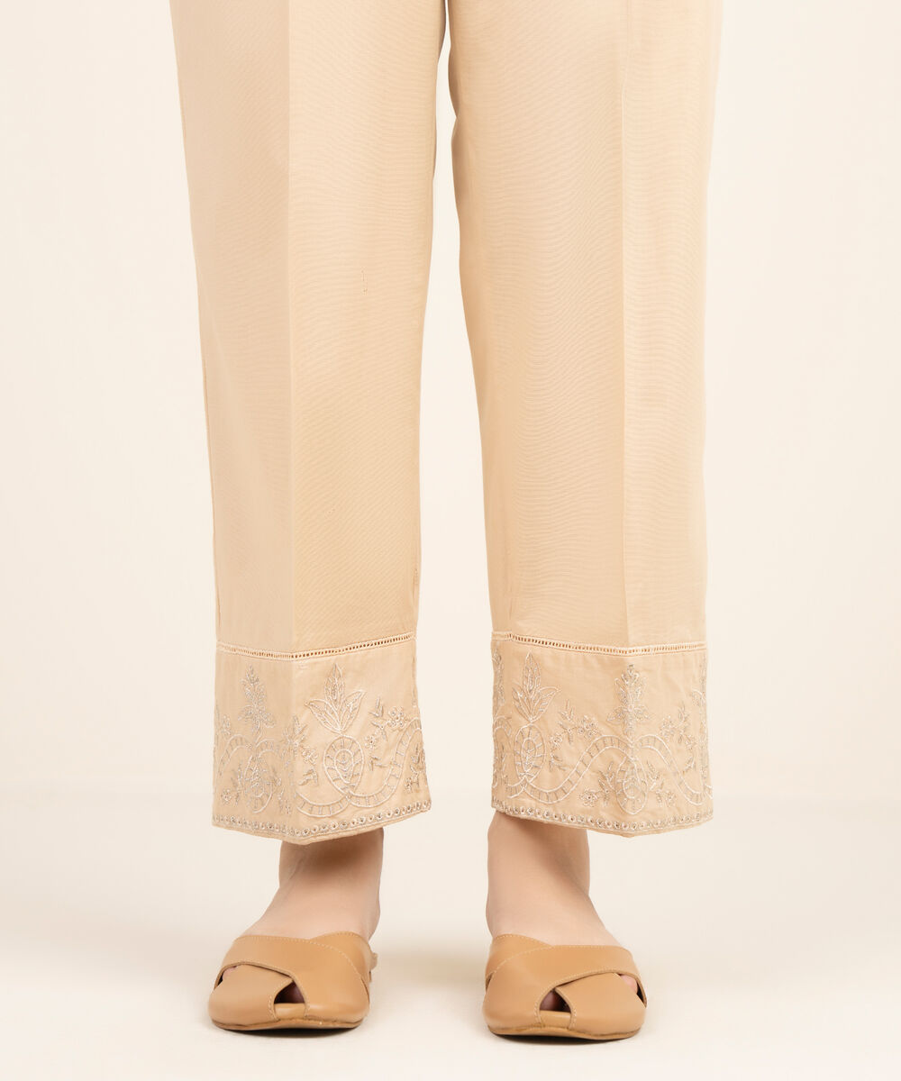 Women's RTW Cambric Embroidered Off White Straight Pants
