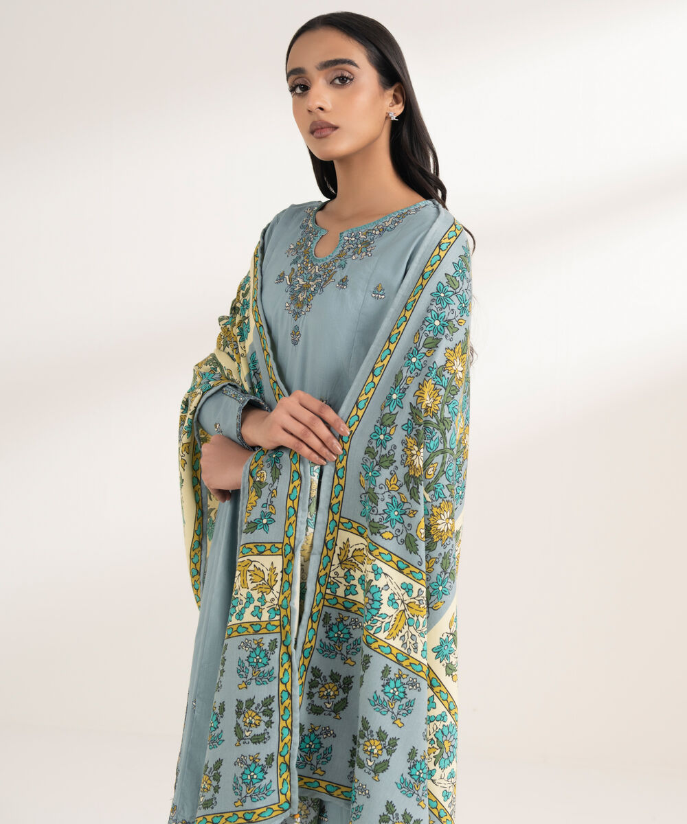 Women's RTW Cotton Embroidered Blue 2 Piece Suit