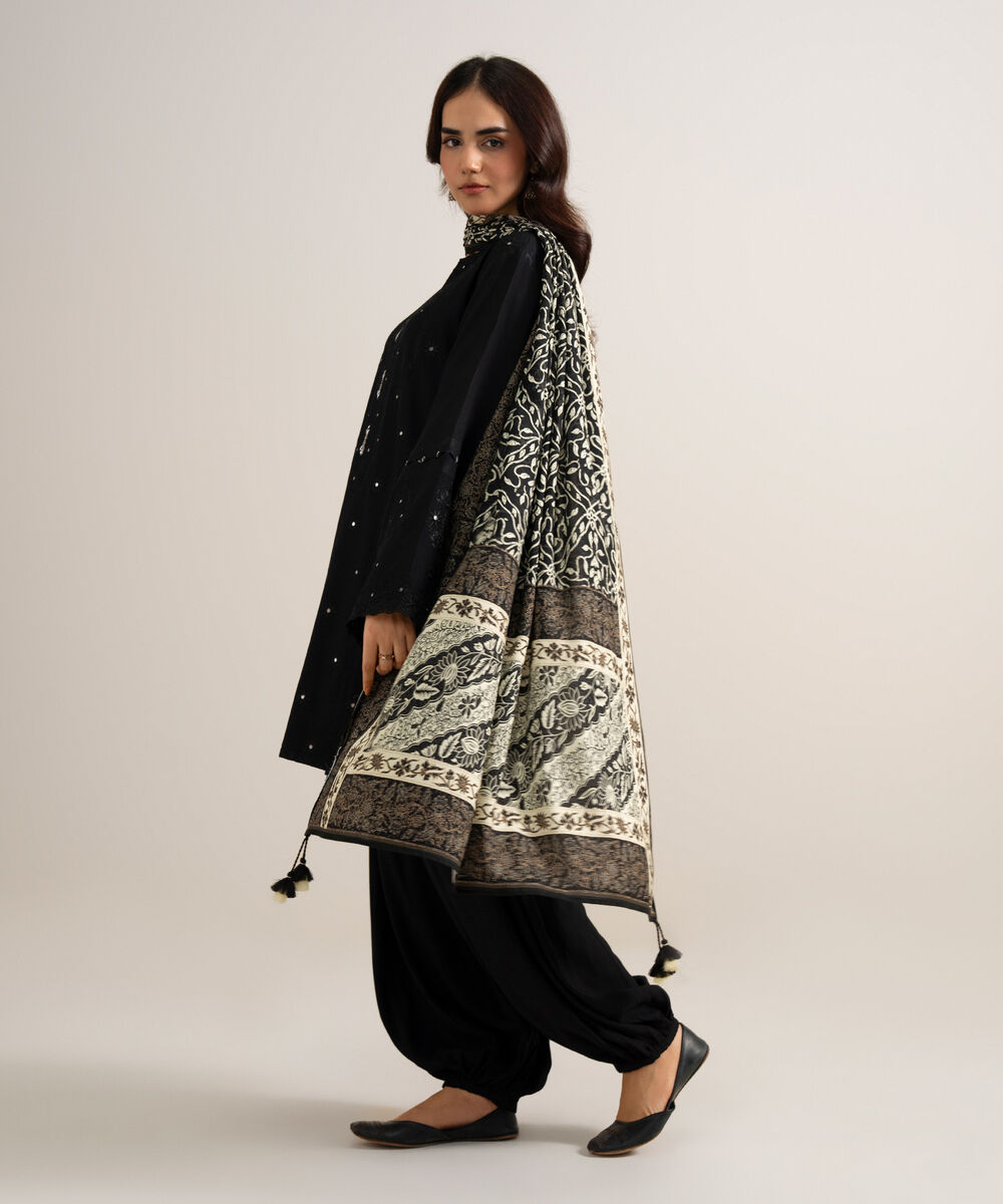 Women's Unstitched Embroidered Linen Black 3 Piece Suit