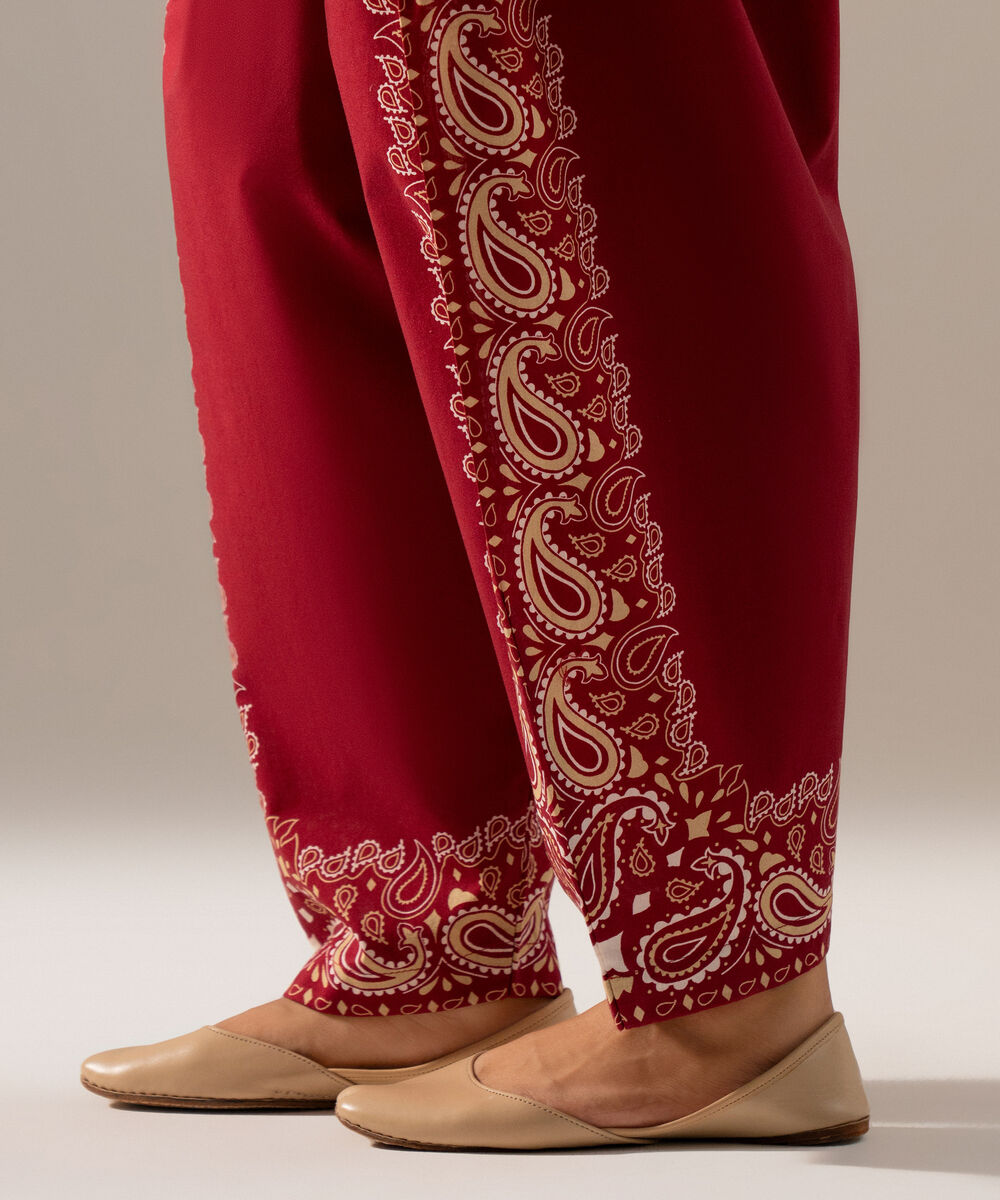 Women's RTW Cambric Printed Maroon Skinny Shalwar