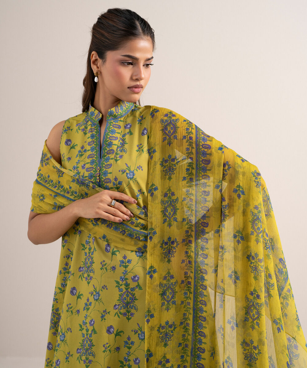 Women's Unstitched Lawn Printed Yellow 3 Piece Suit