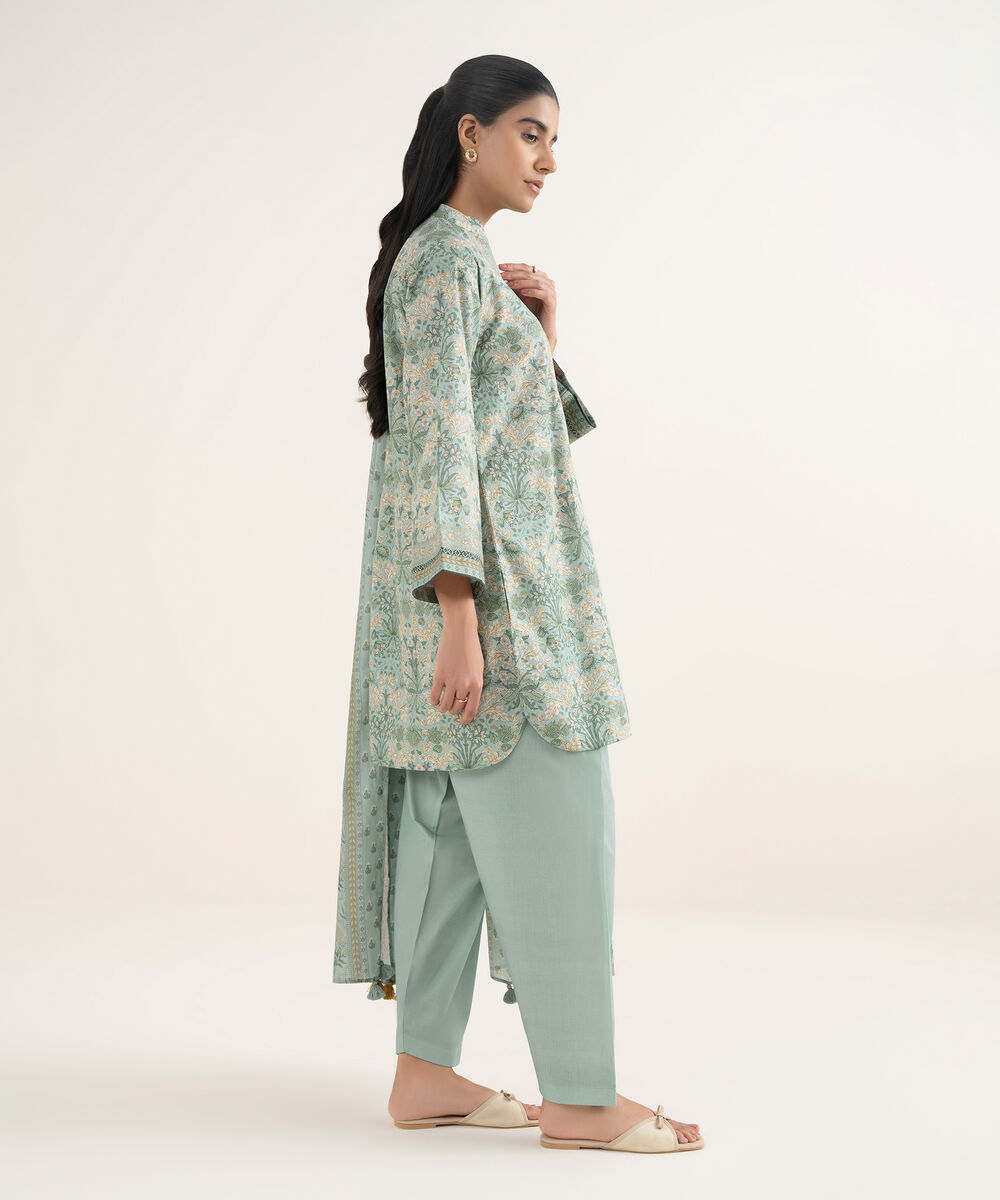 Women's Unstitched Cotton Printed Blue 3 Piece Suit