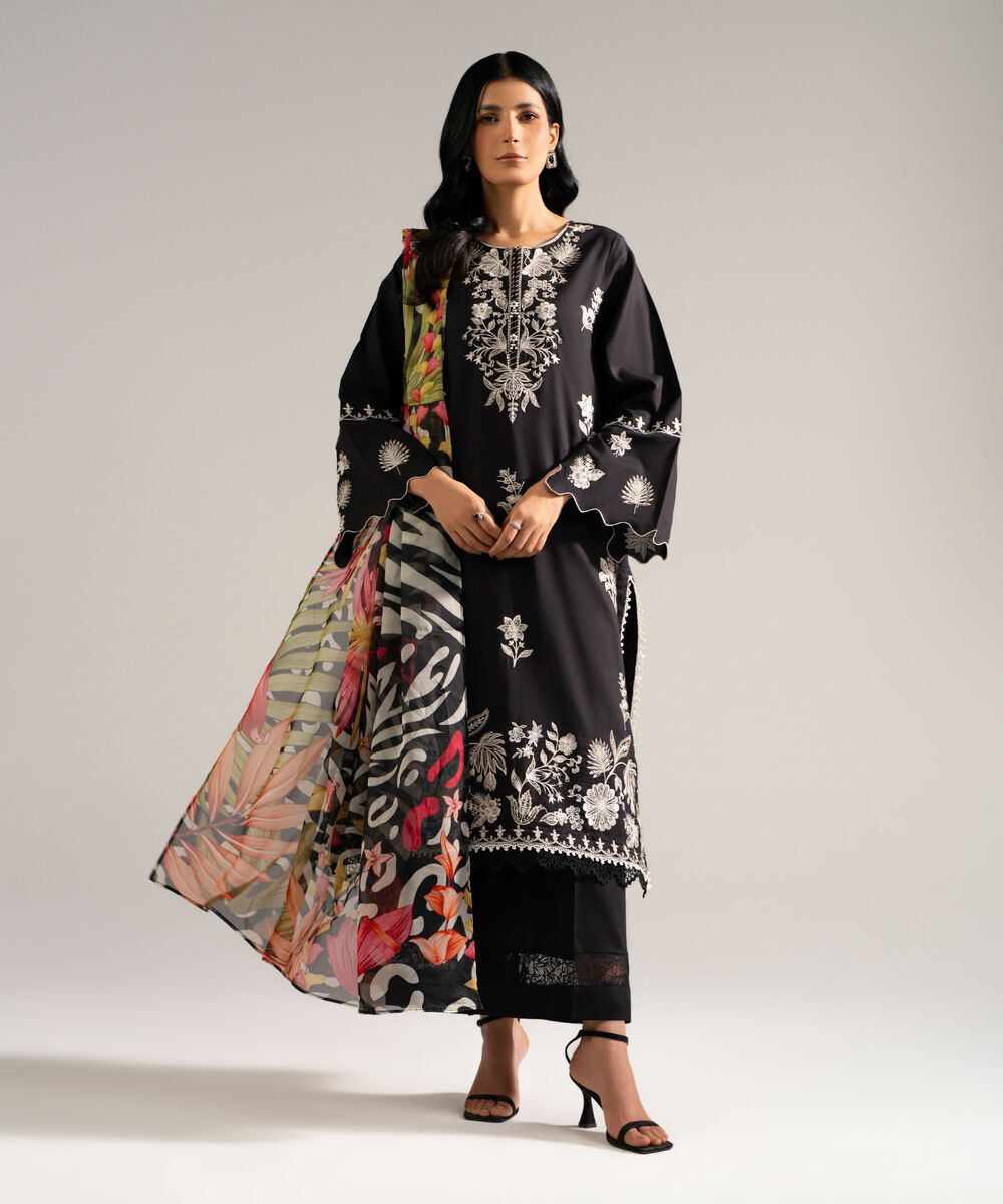 Women's RTW Dobby Crepe Embroidered Black 3 Piece Suit