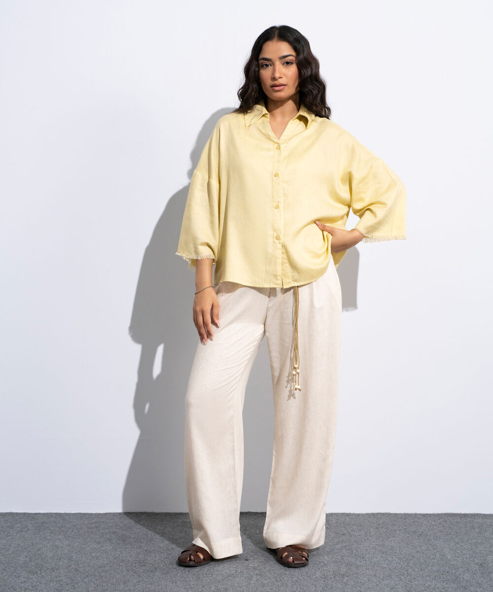 Women's Butter Yellow Linen Blend V-Neck Top