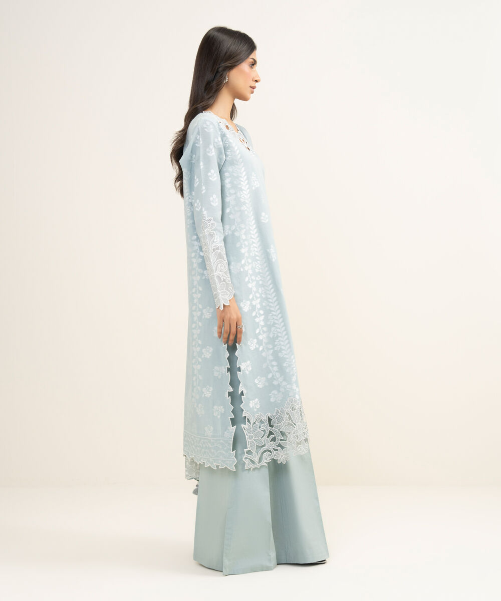 Women's Unstitched Extra Weft Jacquard Embroidered Blue 3 Piece Suit