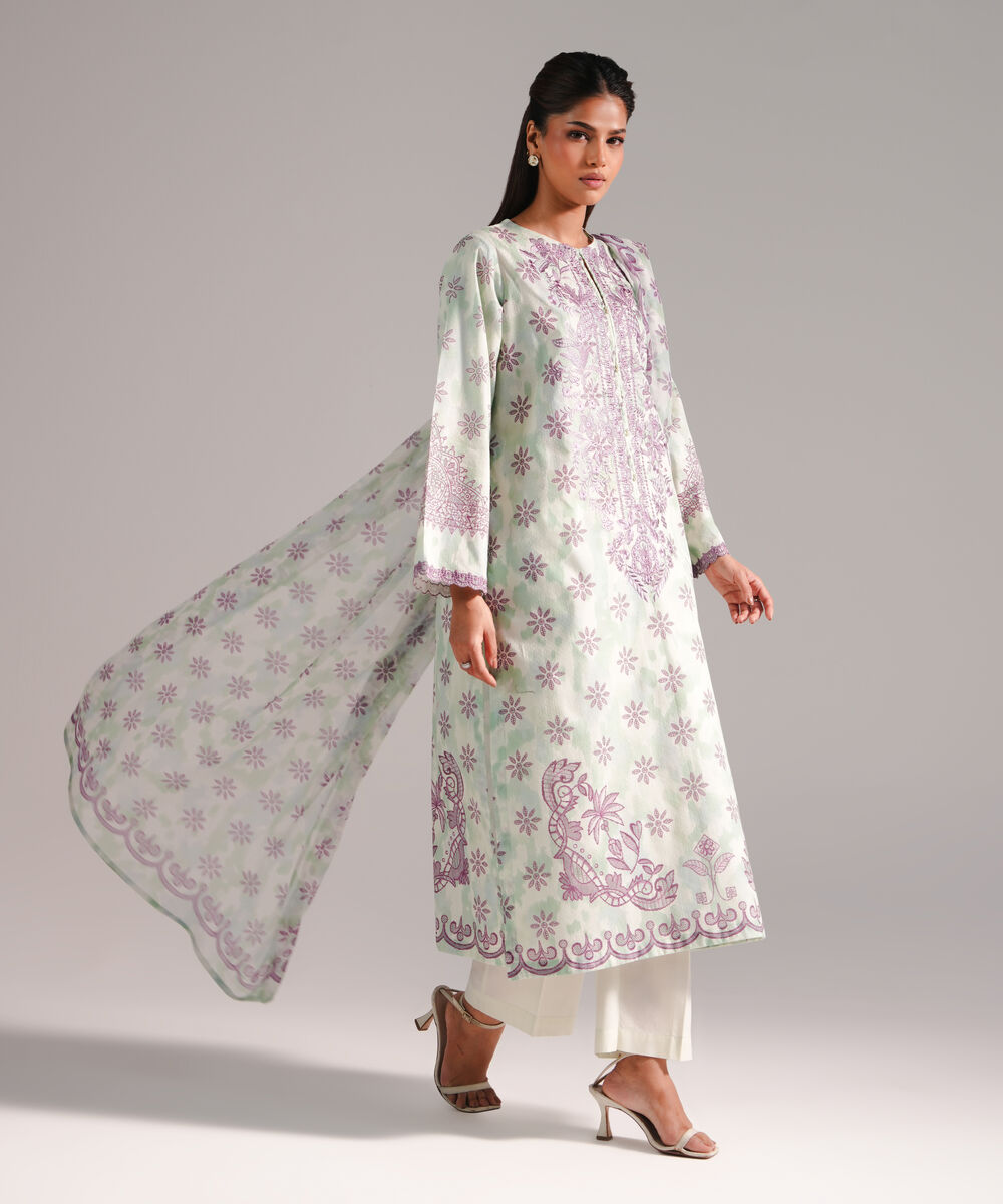 Women's RTW Dobby Embroidered Green 3 Piece Suit