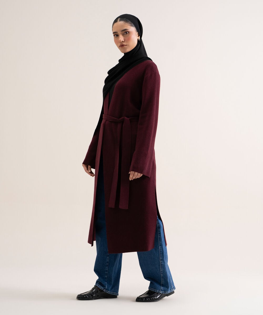 Women's Burgundy Solid Sweater-Knit Abaya Set